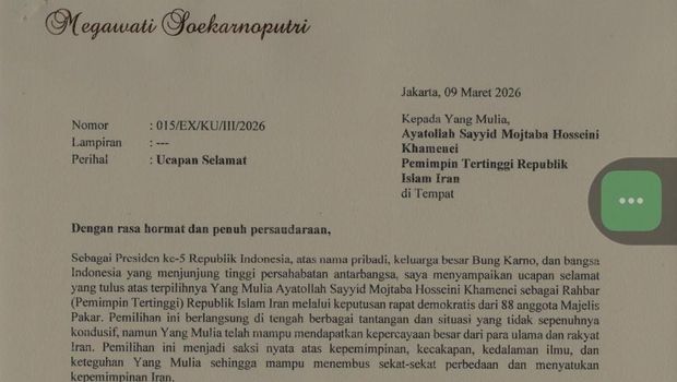 Pesan Megawati ke pimpinan tertinggi Iran Mojtaba Khamenei.