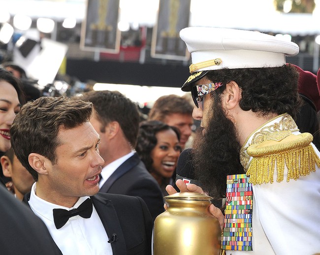 HOLLYWOOD, CA - FEBRUARY 26:  Ryan Seacrest and Sacha Baron Cohen arrives at the 84th Annual Academy Awards at Graumans Chinese Theatre on February 26, 2012 in Hollywood, California.  (Photo by Steve Granitz/WireImage)
