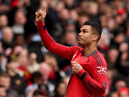 MANCHESTER, ENGLAND - MARCH 15: Manchester Uniteds Casemiro celebrates scoring the opening goal during the Premier League match between Manchester United and Aston Villa at Old Trafford on March 15, 2026 in Manchester, United Kingdom. (Photo by Lee Parker - CameraSport via Getty Images)