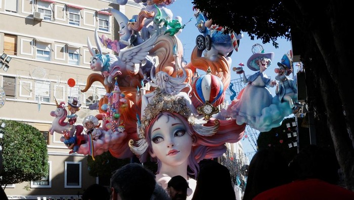 A large Fallas monument decorated in a Mexican style in the Ruzafa neighbourhood during the traditional annual Fallas Festival in Valencia, Spain, March 15, 2026. REUTERS/Eva Manez