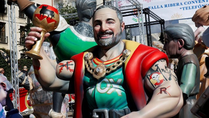 A large Fallas monument decorated in a Mexican style in the Ruzafa neighbourhood during the traditional annual Fallas Festival in Valencia, Spain, March 15, 2026. REUTERS/Eva Manez