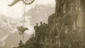 Pasukan Italia mengangkat sebuah senjata, seekor anjing, dan seorang tentara ke atas gunung, Pegunungan Alpen Italia, Perang Dunia I, 1915. Foto: Historicflix