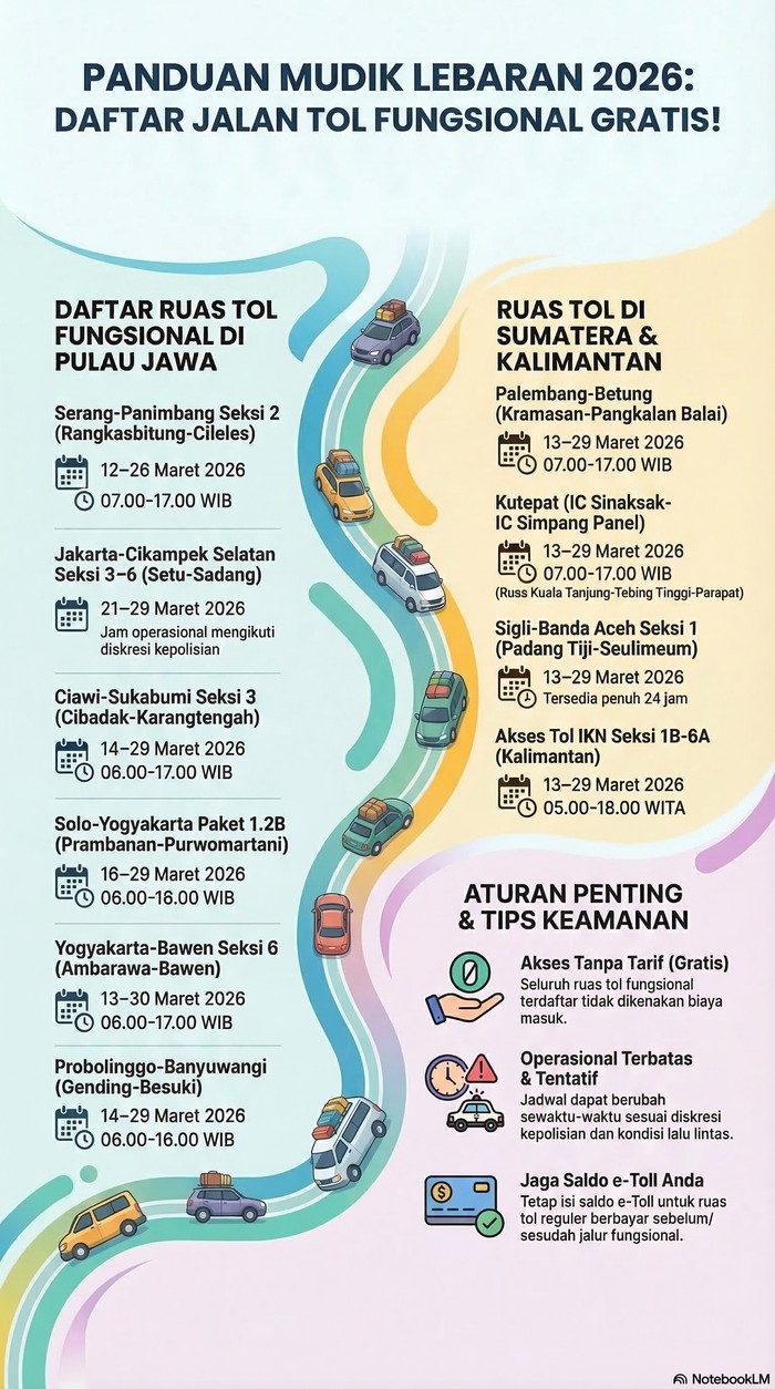 Jadwal dan lokasi jalan tol yang dibuka gratis saat mudik.Lebaran 2026.