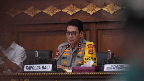 Kapolda Bali Irjen Daniel Adityajaya memaparkan strategi mitigasi konflik sosial menjelang Nyepi dan Idul Fitri di Bali, Senin (16/3/2026)