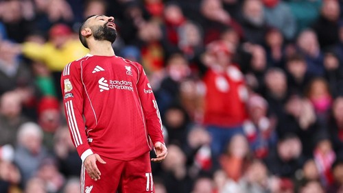 LIVERPOOL, ENGLAND - MARCH 15: Mohamed Salah of Liverpool reacts during the Premier League match between Liverpool and Tottenham Hotspur at Anfield on March 15, 2026 in Liverpool, United Kingdom. (Photo by Robbie Jay Barratt - AMA/Getty Images)