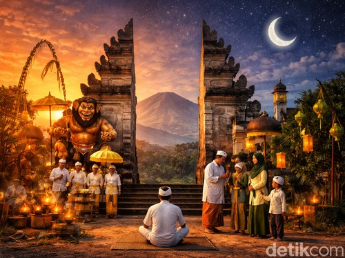 Ilustrasi peranyaan Nyepi dan Idul Fitri 2026 di Bali.