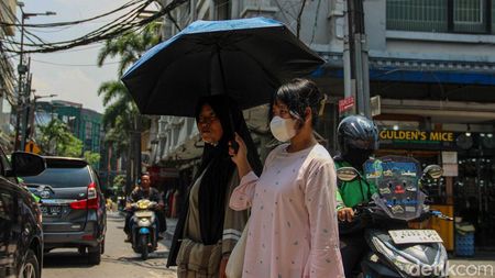 Jakarta Memanas, Warga Berlindung dari Terik dengan Payung