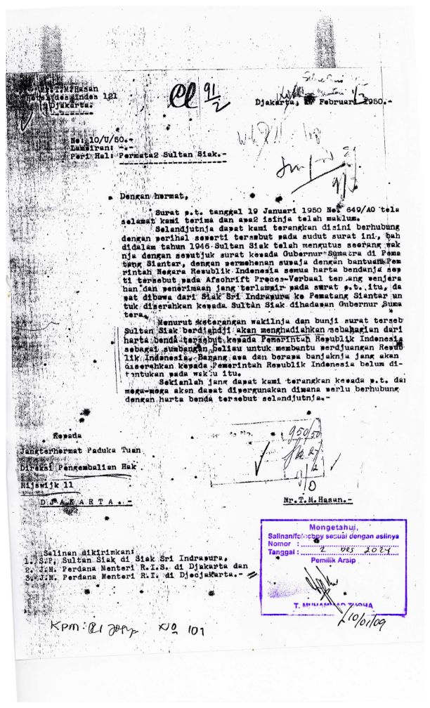 Surat Pernyataan Penyerahan Harta Sultan Siak pada Pemerintahan RI (dok. Situs Dipersip Riau)