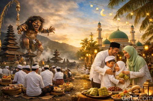 Ilustrasi suasana Nyepi dan Lebaran Idul Fitri 2026 di Bali.