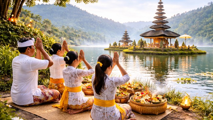 Ilustrasi umat Hindu sembahyang di hari raya Hindu.