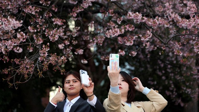 Visitors take selfies in front of the early-flowering cherry blossoms at Ueno Park in Tokyo, Japan, March 17, 2026.  REUTERS/Issei Kato     TPX IMAGES OF THE DAY