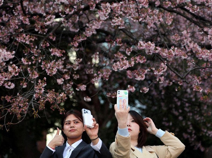 Visitors take selfies in front of the early-flowering cherry blossoms at Ueno Park in Tokyo, Japan, March 17, 2026.  REUTERS/Issei Kato     TPX IMAGES OF THE DAY
