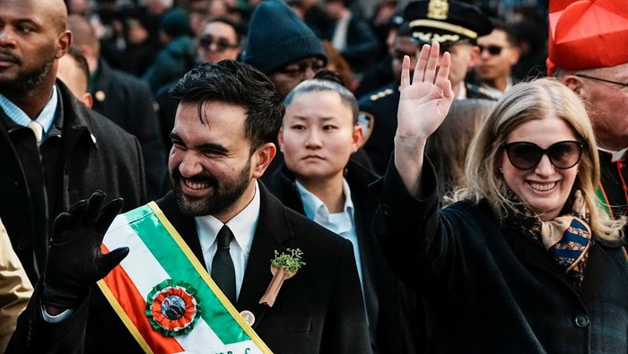 New York City Mayor Zohran Mamdani and New York City Police Commissioner Jessica Tisch attend the 265th St. Patrick's Day Parade on 5th Avenue Manhattan in New York City, U.S., March 17, 2026. REUTERS/Eduardo Munoz