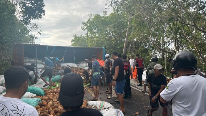 Truk muat kelapa tua terbalik di jalan poros Bira.