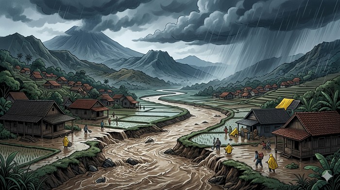 Ilustrasi cuaca ekstrem hingga berpotensi banjir di Jawa Timur.