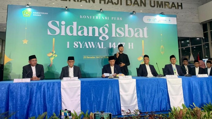 Sidang isbat penetapan 1 Syawal 1447 Hijriah digelar di kantor Kementerian Agama, Jalan MH Thamrin, Jakarta Pusat, Kamis (19/3/2026). Menteri Agama (Menag) Nasaruddin Umar memimpin langsung sidang isbat.