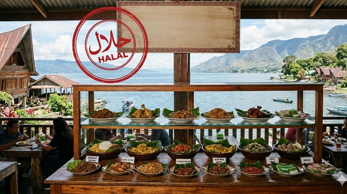 Ilustrasi restoran halal di Danau Toba. (Gemini AI)