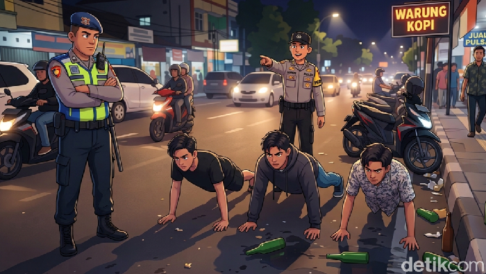Ilustrasi pemuda disanksi push up oleh polisi.