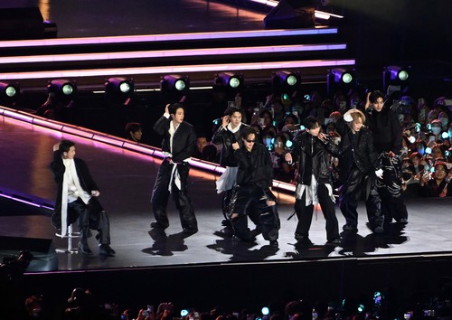 SEOUL, SOUTH KOREA - MARCH 21: (EDITORIAL USE ONLY) K-pop boy band BTS perform onstage during comeback concert at Gwanghwamun Square on March 21, 2026 in Seoul, South Korea. The free concert is the band's first performance in nearly four years. (Photo by Kim Hong-Ji - Pool/Getty Images)