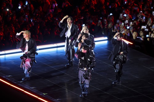SEOUL, SOUTH KOREA - MARCH 21: (EDITORIAL USE ONLY) K-pop boy band BTS perform onstage during comeback concert at Gwanghwamun Square on March 21, 2026 in Seoul, South Korea. The free concert is the band's first performance in nearly four years. (Photo by Kim Hong-Ji - Pool/Getty Images)