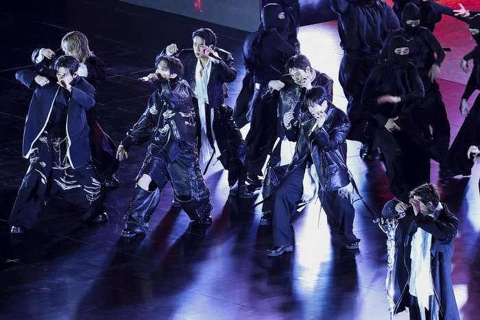 SEOUL, SOUTH KOREA - MARCH 21: (EDITORIAL USE ONLY) K-pop boy band BTS perform onstage during comeback concert at Gwanghwamun Square on March 21, 2026 in Seoul, South Korea. The free concert is the band's first performance in nearly four years. (Photo by Kim Hong-Ji - Pool/Getty Images)