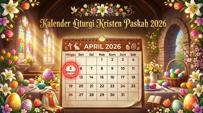 Ilustrasi kalender liturgi Kristen untuk perayaan Paskah 2026.
