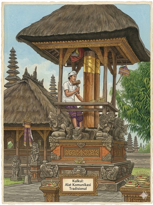 Ilustrasi penggunaan kulkul, alat komunikasi tradisional di Bali. (Gemini AI)