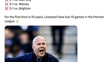 Untuk pertama kali dalam 10 tahun, Liverpol kalah 10 laga di Liga Inggris. Foto: X.com