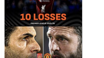 Liverpool sekarang kalah lebih banyak dibandingkan kombinasi Arsenal dan Manchester United. Foto: X.com