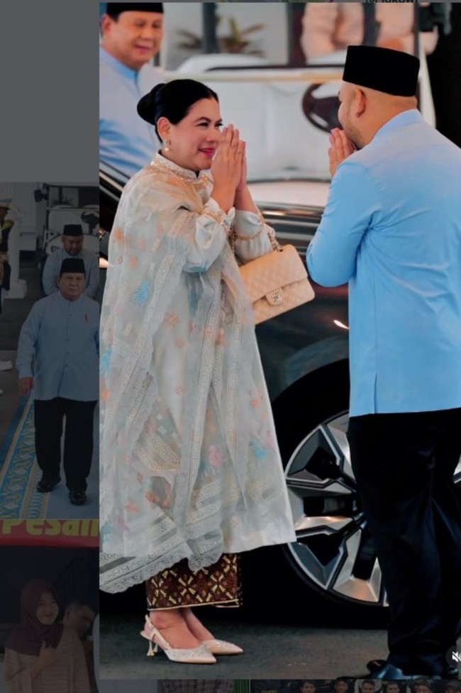 Selain Erina dan Selvi Ananda, penampilan Iriana Jokowi saat datang ke halal bihalal Lebaran di Istana Merdeka pun mencuri atensi. Mantan ibu negara RI itu mengenakan tunik berbahan lace dengan motif etnik dan geomtris yang dipadukan dengan kain batik. Foto: Dok. Instagram setwapres.ri, Erina Gudono, Dyah Roro Esti