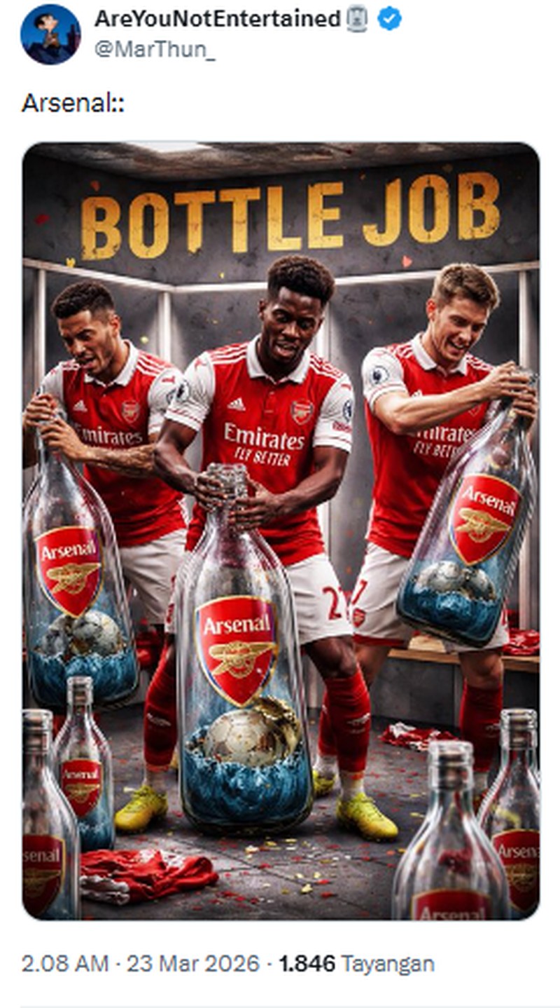 Arsenal gagal meraih gelar juara Carabao Cup 2026, setelah dikalahkan oleh Manchester City 0-2 di Wembley Stadium. Meme kekalahan mereka pun bertebaran di internet.