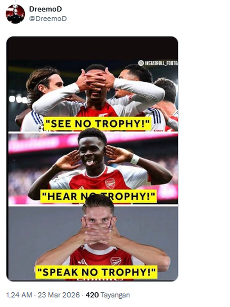Arsenal gagal meraih gelar juara Carabao Cup 2026, setelah dikalahkan oleh Manchester City 0-2 di Wembley Stadium. Meme kekalahan mereka pun bertebaran di internet.