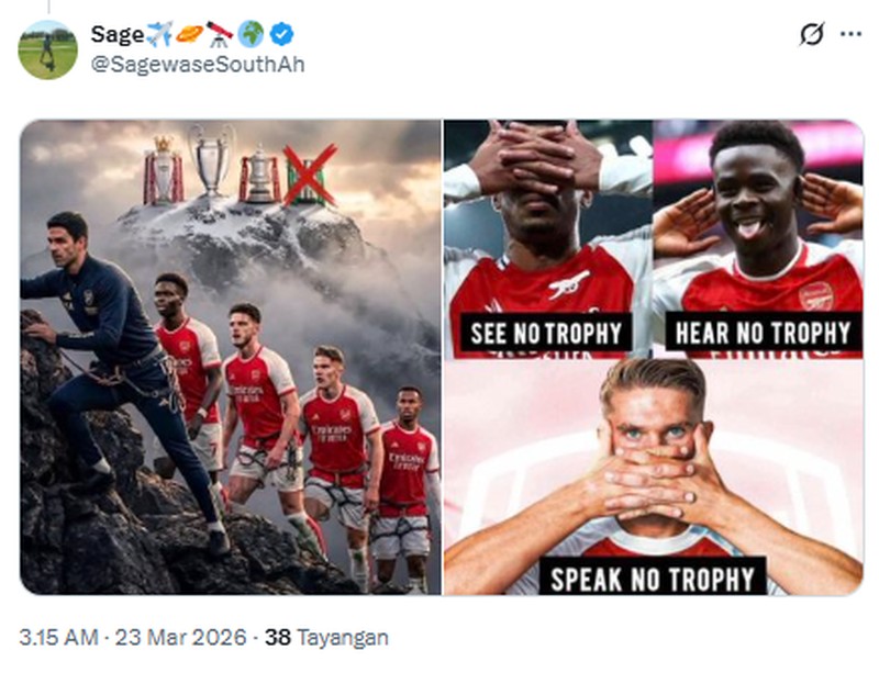 Arsenal gagal meraih gelar juara Carabao Cup 2026, setelah dikalahkan oleh Manchester City 0-2 di Wembley Stadium. Meme kekalahan mereka pun bertebaran di internet.