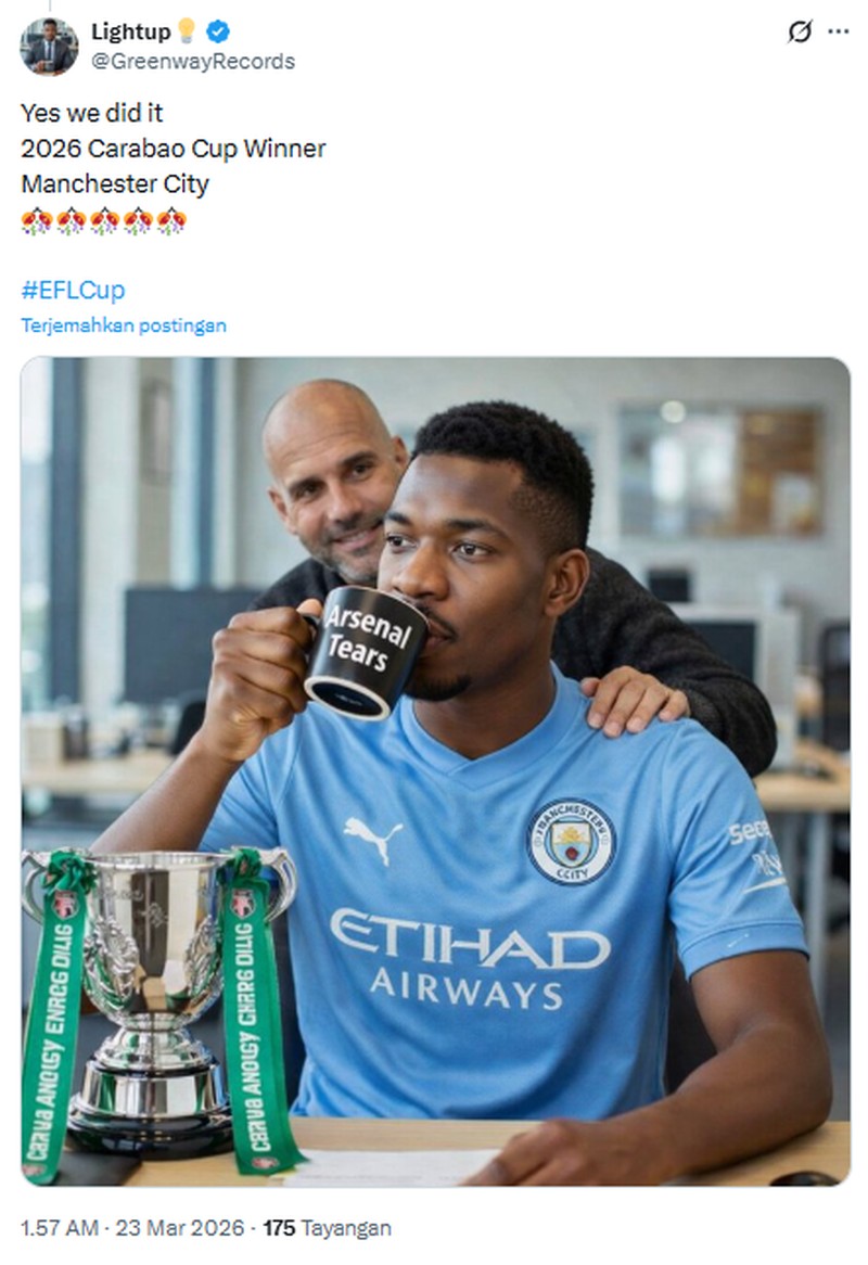 Arsenal gagal meraih gelar juara Carabao Cup 2026, setelah dikalahkan oleh Manchester City 0-2 di Wembley Stadium. Meme kekalahan mereka pun bertebaran di internet.