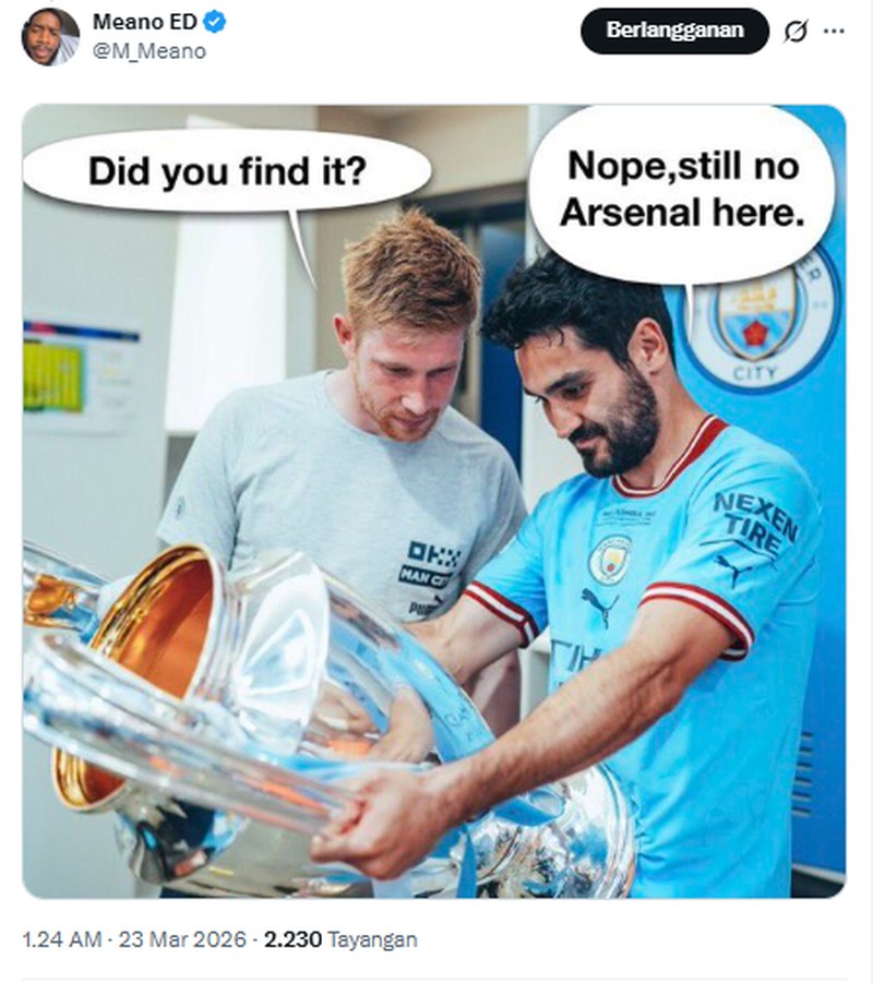 Arsenal gagal meraih gelar juara Carabao Cup 2026, setelah dikalahkan oleh Manchester City 0-2 di Wembley Stadium. Meme kekalahan mereka pun bertebaran di internet.