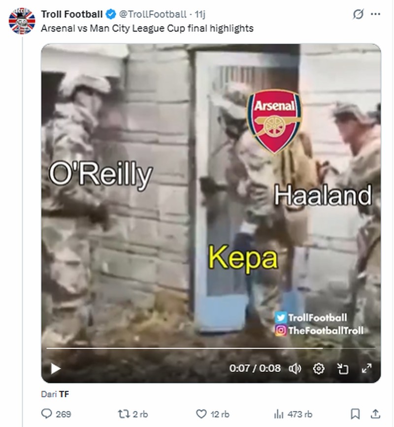 Arsenal gagal meraih gelar juara Carabao Cup 2026, setelah dikalahkan oleh Manchester City 0-2 di Wembley Stadium. Meme kekalahan mereka pun bertebaran di internet.