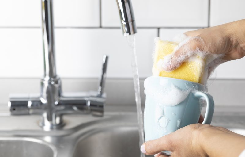 Woman is washing coffee cup.