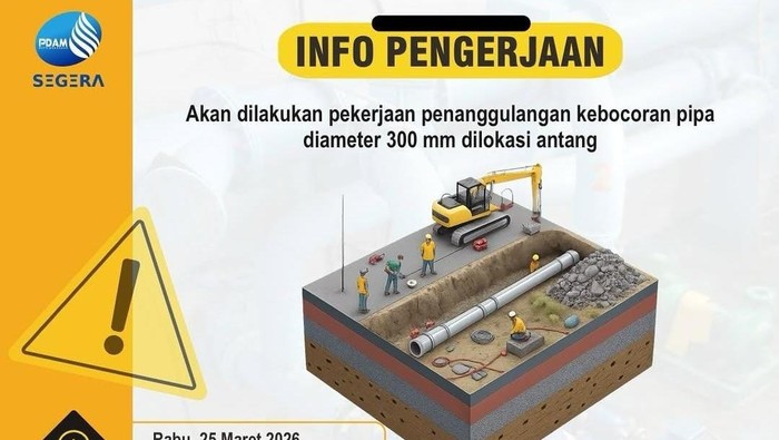 PDAM Makassar, Sulawesi Selatan (Sulsel), akan melakukan pengerjaan kebocoran pipa di Jalan Penjernihan IPA 2 Panaikang, hari ini.
