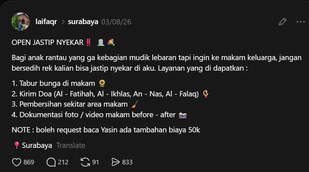 Penawaran jasa titip nyekar di Surabaya yang viral di media sosial. Penawaran jasa titip nyekar di Surabaya yang viral di media sosial.