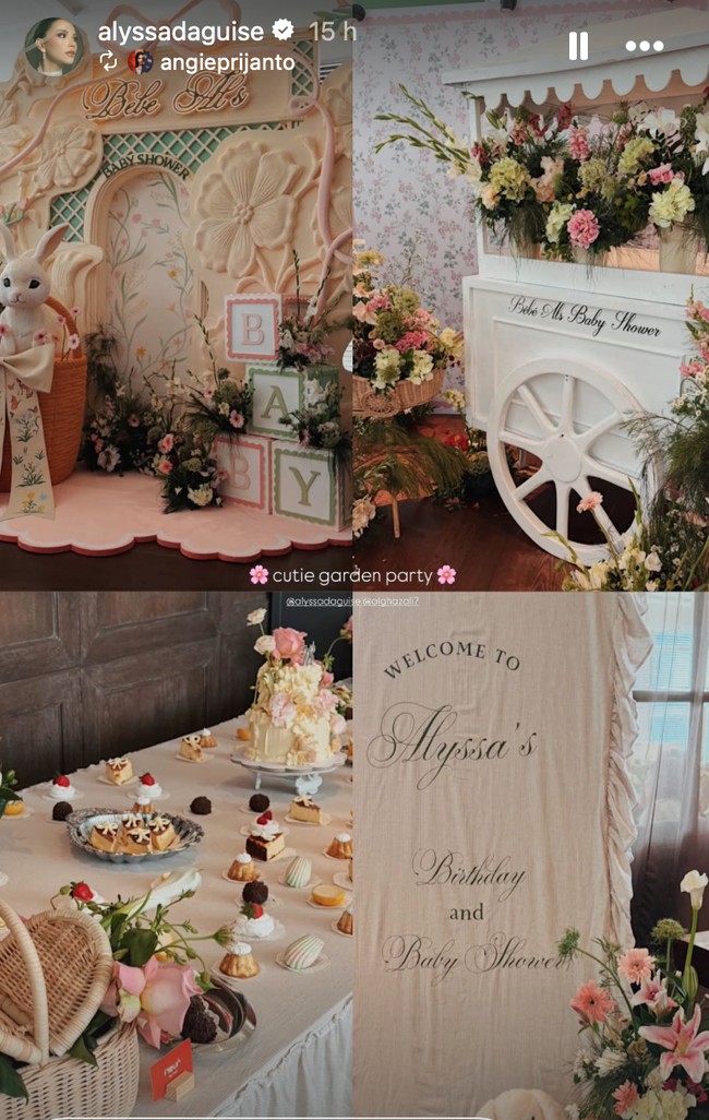 Al dan Alyssa memilih dekorasi dengan warna-warna pastel yang lembut. Terdapat ornamen berbentuk kelinci di dalam keranjang serta berbagai bunga warna-warni. Foto: Instagram/@alyssadaguise