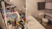 Meja wastafel kamar mandi memang tempat buat menaruh berbagai produk kebersihan dan perawatan tubuh. Namun kalau tidak diatur, sekitar wastafel jadi penuh. Setelah produk-produk disimpan ke tempatnya, kamar mandi sudah tak terlihat sesak.  Foto: Bored Panda