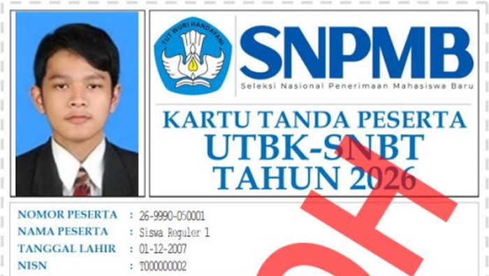 Contoh kartu tanda peserta UTBK-SNBT 2026. Kartu peserta UTBK SNBT 2026 diprint ukuran berapa?