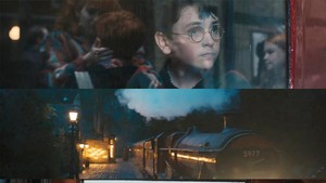 Harry berada di dalam kabin Hogwarts Express ketika melihat Molly Weasley mengantar Ron ke stasiun. Di shot yang sama kita juga bisa melihat Ginny. Ada juga momen perkenalan The Trio untuk pertama kalinya. (Foto: dok. HBO Max)