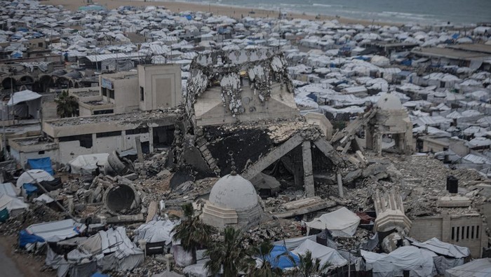 GAZA CITY, GAZA - MARCH 25: An aerial view of a refugee camp as a heavy rainstorm swept across the area, displaced Palestinians are facing severe difficulties due to the fragile structure of their makeshift tents and harsh weather conditions in Gaza 