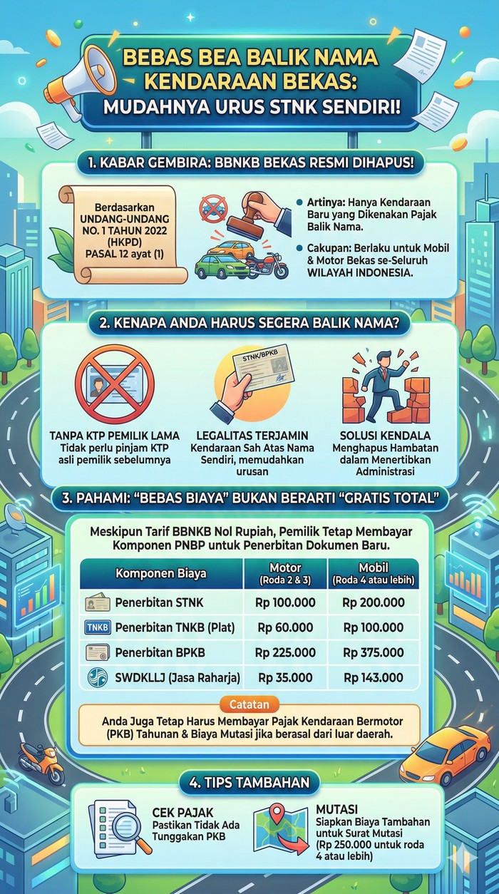 Bea balik nama mobil dan motor bekas sudah dihapus. Kalau sudah balik nama, perpanjang STNK jadi lebih mudah karena tak perlu KTP pemilik lama.