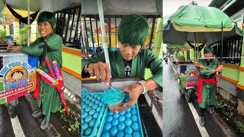 Nyentrik! Penjual Jelly Cosplay jadi Karakter One Piece