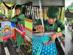 Nyentrik! Penjual Jelly Cosplay jadi Karakter One Piece