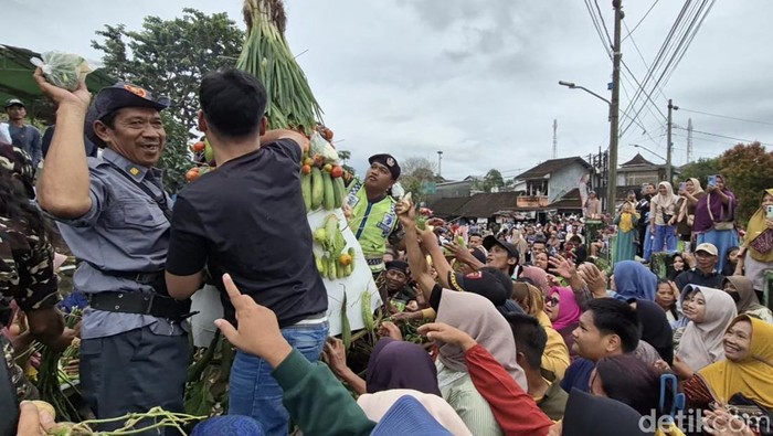 Serunya warga berebut gunungan hasil bumi dalam kirab merayakan Syawalan di Desa/Kecamatan Boja, Kendal, Kamis (26/3/2026).