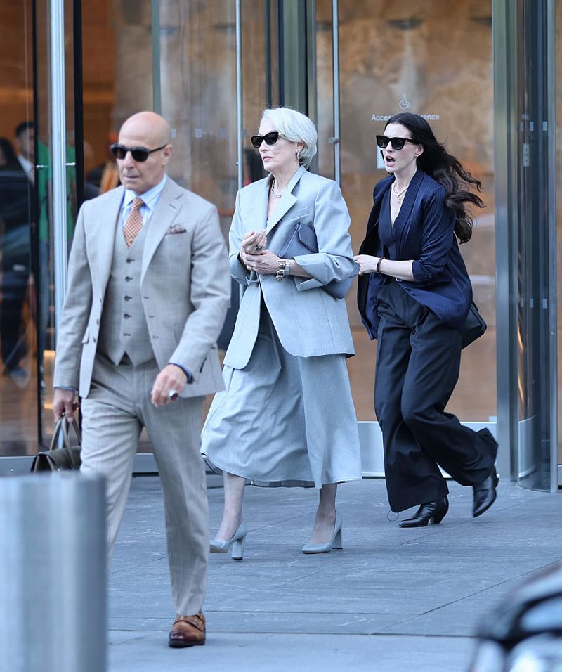 NEW YORK, NY - JULY 29: Stanley Tucci, Meryl Streep, Anne Hathaway are seen filming scenes at 