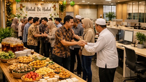 Ilustrasi kegiatan Halal bihalal. (Chat GPT)
